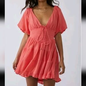 Free People NWT Perfect Day Cotton Tiered Minidress Pink Watermelon Size Medium